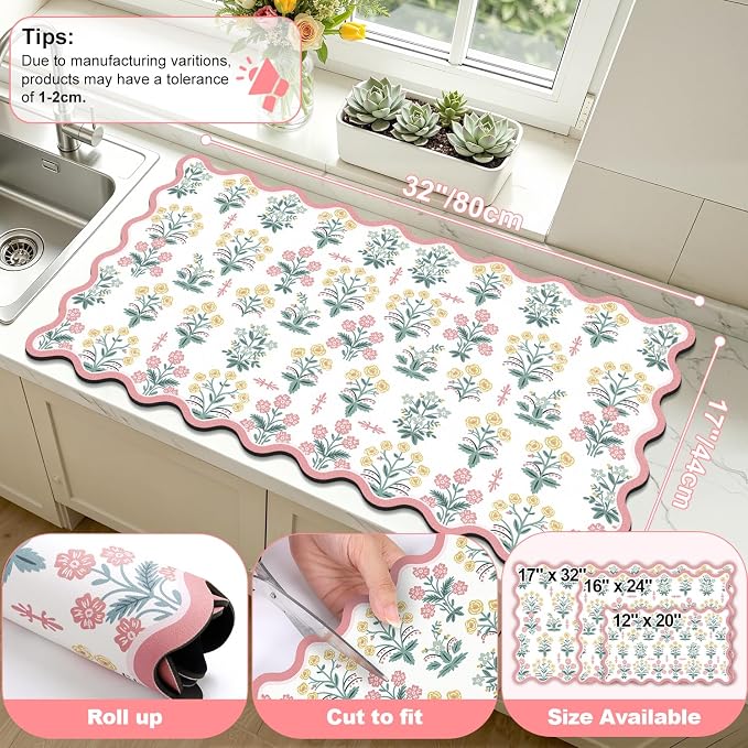 LOKHOM Scalloped Floral Dish Drying Mat, Cuttable Hide Stain Non-slip Drying Mat - Image 2