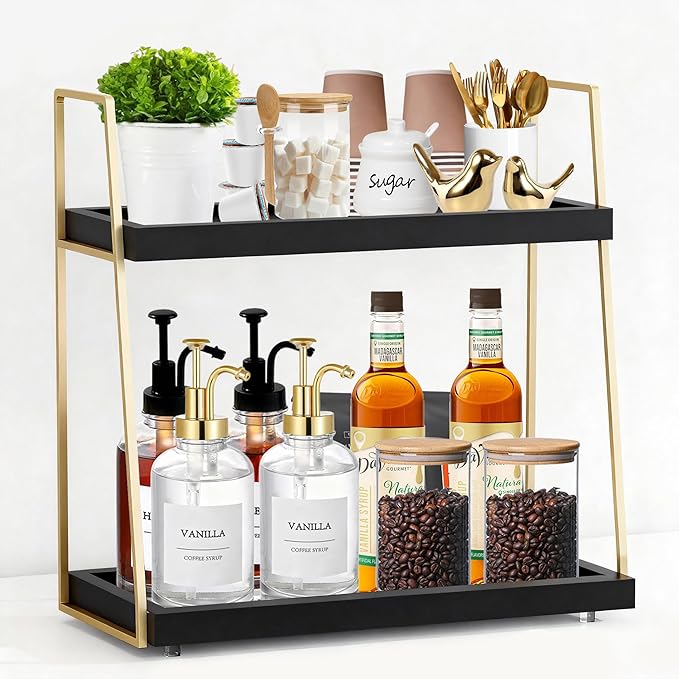 Coffee Bar Accessories, 2 Tier Large Wooden CoffeeBar Shelf by Unknown