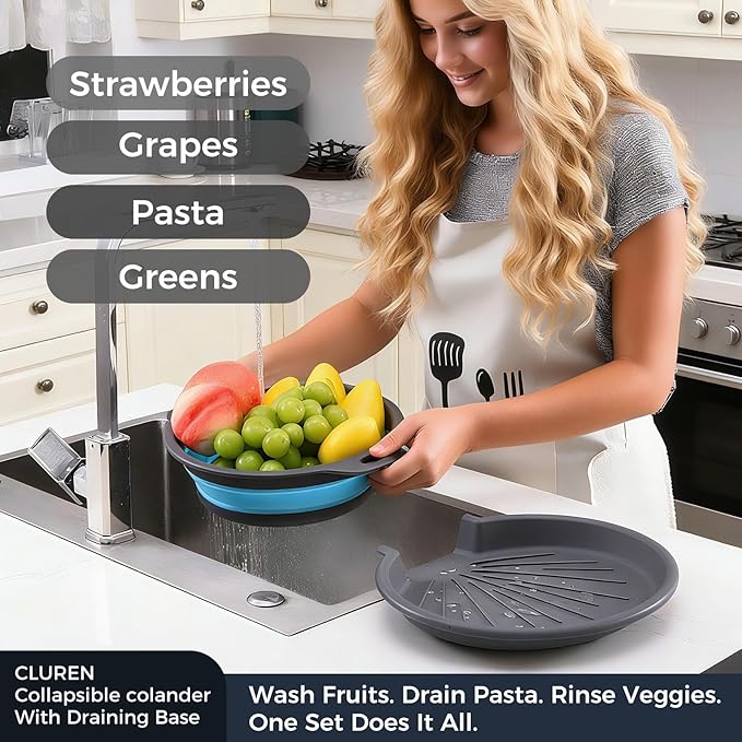 Collapsible Colander Set with Oversized Draining Tray | 3-Pack Foldable Kitchen - Image 4