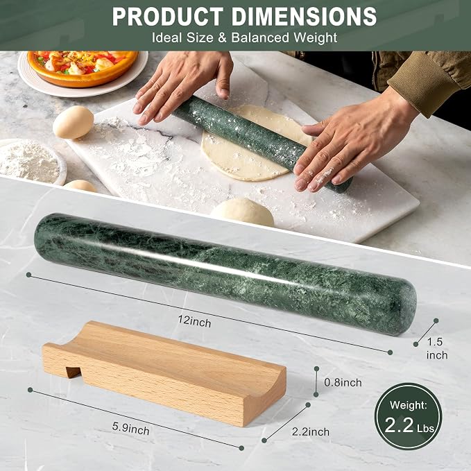 Marble French Rolling Pin for Baking, 12 Inch Non Stick Polished Rolling Pin - Image 2