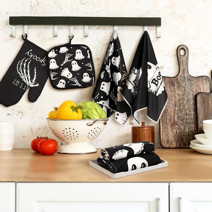 Leinuosen 8 Pcs Skull Kitchen Decor Set Kitchen Towels Gothic Oven Mitts and - Image 5