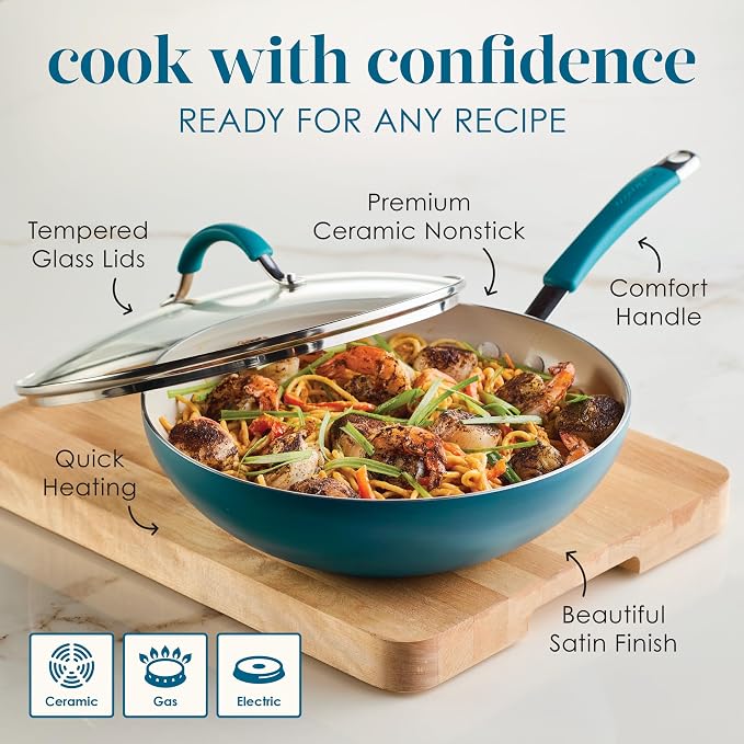 Rachael Ray Cucina Ceramic Nonstick Stir Fry Pan and Lid, 11 Inch Non Stick Wok - Image 6