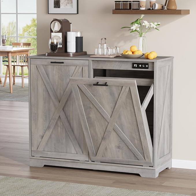 Double Tilt Out Trash Can Cabinet, Wooden Farmhouse Kitchen Garbage Bin by BOXACTION