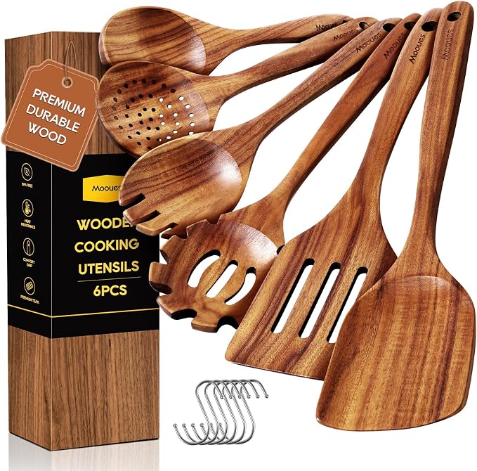 Wooden Spoons for Cooking, Comfortable Grip, Heat Resistant Kitchen Utensils by Mooues