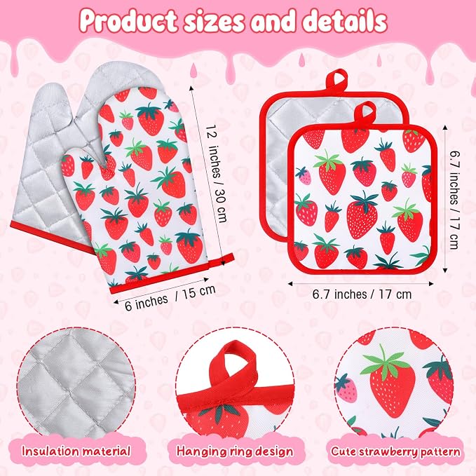 4 Pcs Oven Mitts and Pot Holders Cute Strawberry Oven Gloves and Pot Holders - Image 2