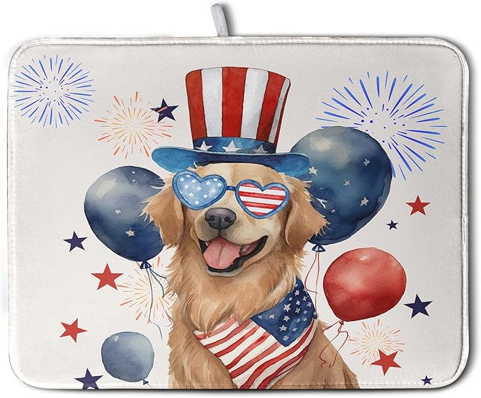 4th of July Patriotic Dog Dish Drying Mat 18 x 24 Inch US Independence Day Blue by Kwlegh