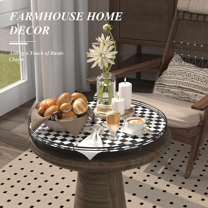 18" Black and White Kitchen Lazy Susan Turntable, Round Checkered Decorative - Image 4