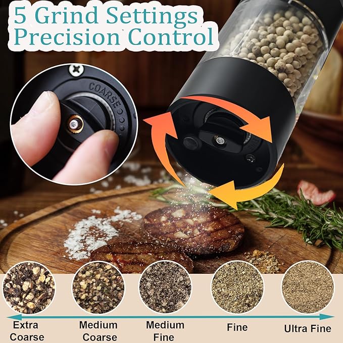 Electric Salt and Pepper Grinder Set, Automatic Salt Pepper Mill Grinder - Image 2