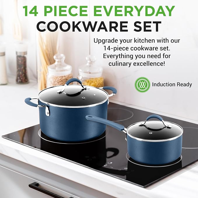 NutriChef 14-Piece Navy Blue Nonstick Cookware Set - Image 2