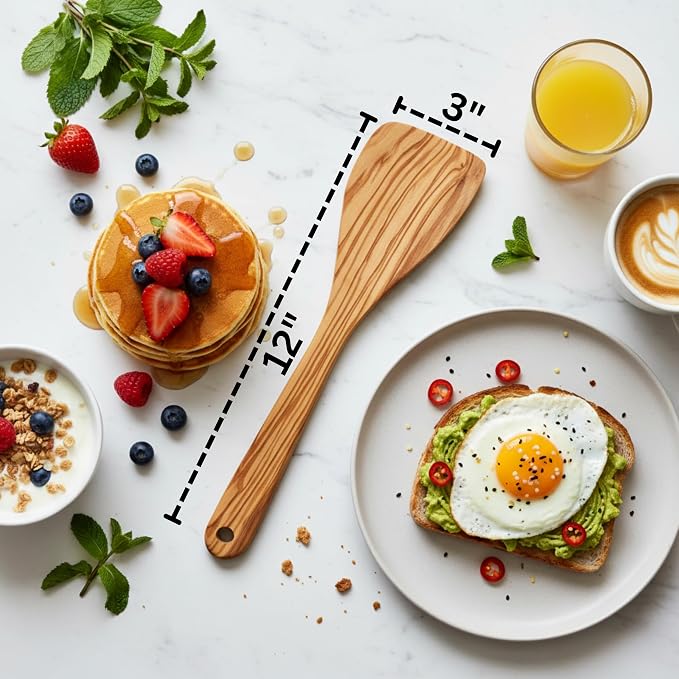 Olive Wood Spatula For Cooking | 12" Large & 3" Wide Flat Wooden Spatula Ideal - Image 2
