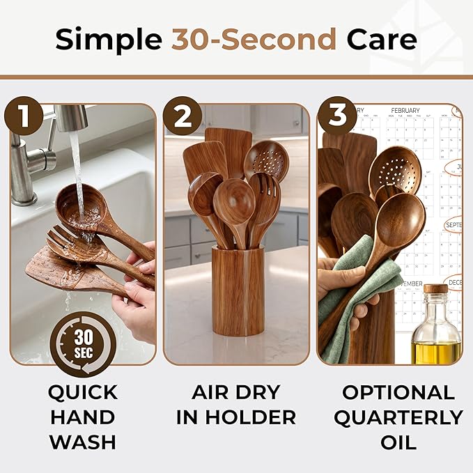 Wooden Utensil Set 8 Pcs – Sturdy & Easy to Clean, Natural Teak Wooden Spoons - Image 4