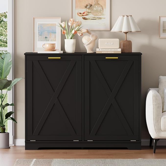 Double Tilt Out Trash Can Cabinet, Wooden Farmhouse Kitchen Garbage Bin - Image 9