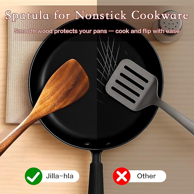 Jilla-hla Wooden Spatula Nonstick Turner Acacia Wood, Left Long Handle Flat - Image 4