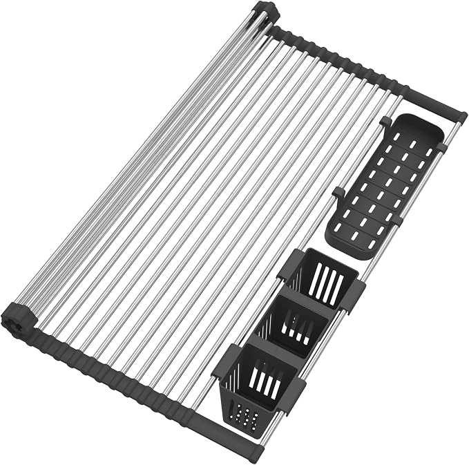 Extra Large Black Expandable Roll Up Dish Drying Rack Up to 25.1''with 2 by BBXTYLY