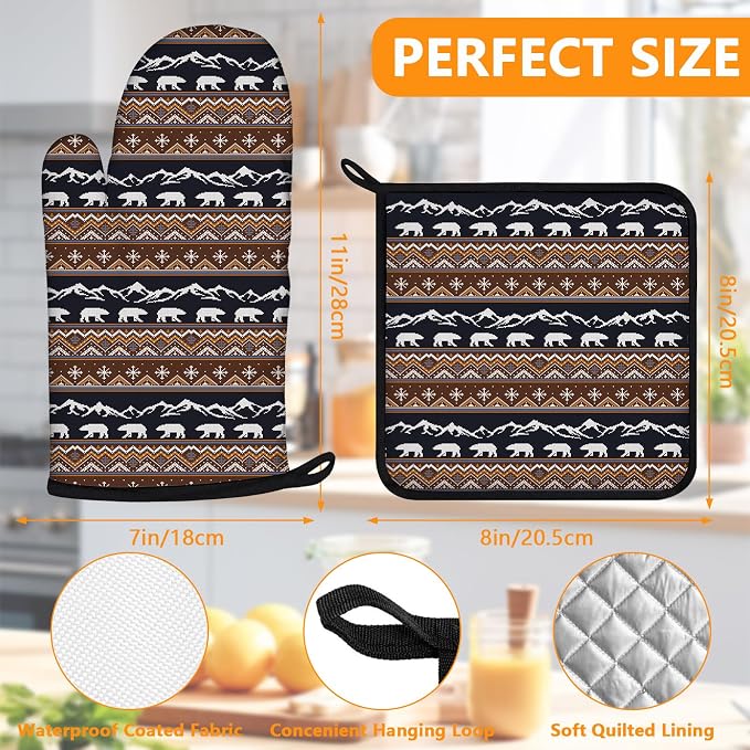Vintage Rustic Bear Oven Mitts and Pot Holders Sets 4Pcs, Extra Long Oven - Image 2