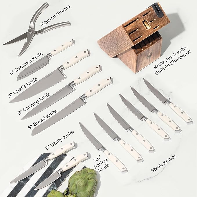 White Knife Set with Block – 14-Piece Forged Stainless Steel Knives with Triple - Image 5