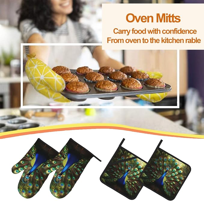 Peacock Pattern Oven Gloves and Hot Pads Set - Image 7