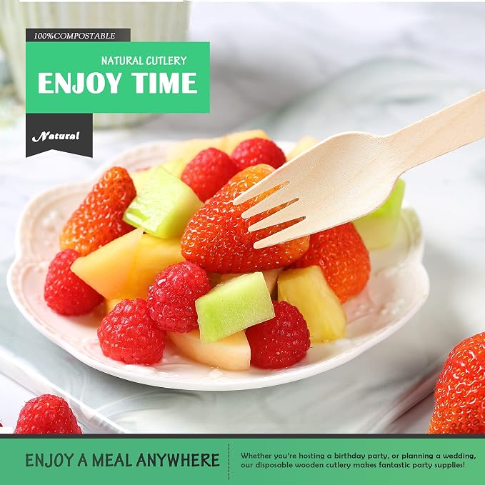 Disposable Wooden Forks -Pack of 100, 6.5" Length-Biodegradable, Natural Wooden - Image 7