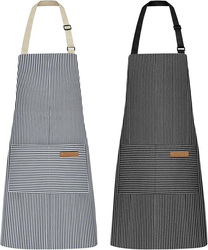 NLUS 2 Pcs Kitchen Cooking Aprons, Poly/Cotton Blend Adjustable Soft Bib Stripe by NLUS