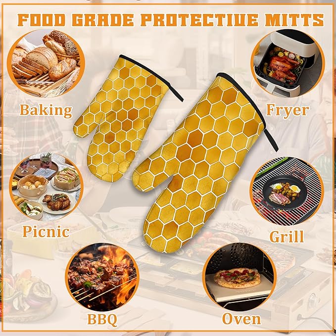 Honeycomb Oven Mitts and Pot Holders Set, Bee Kitchen Decor Heat Resistant Non - Image 5