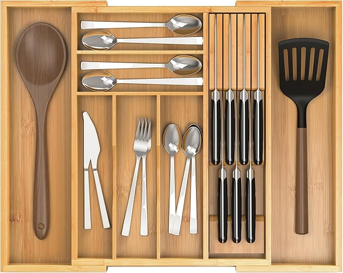 Bamboo Kitchen Drawer Organizer, Expandable Silverware Organizer by Thalomely