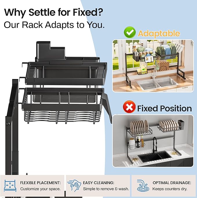 ADBIU Over The Sink Dish Drying Rack Snap-On Design 2 Tier Large Dish Rack - Image 3