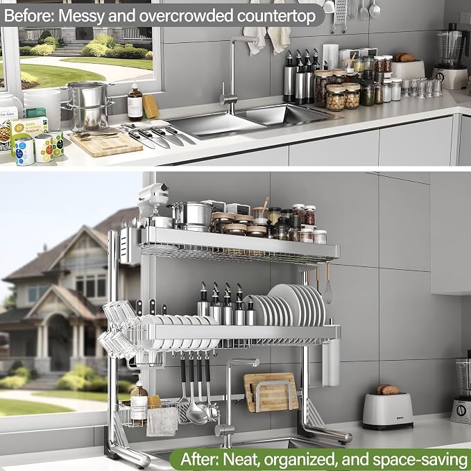 Over The Sink Dish Drainer Drying Rack 3 Tier, Full Stainless Steel Dish Drying - Image 8