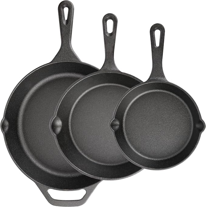 Cast Iron Skillet 3-Piece Set, Heavy-Duty Pre-Seasoned Pan Cookware Set by isheTao