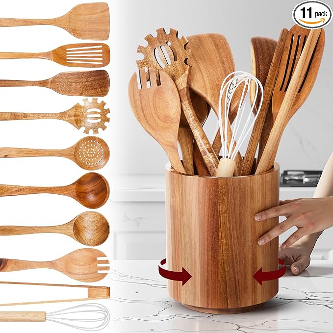 SiliFine 11 Pcs Wooden Kitchen Utensils Set by SiliFine