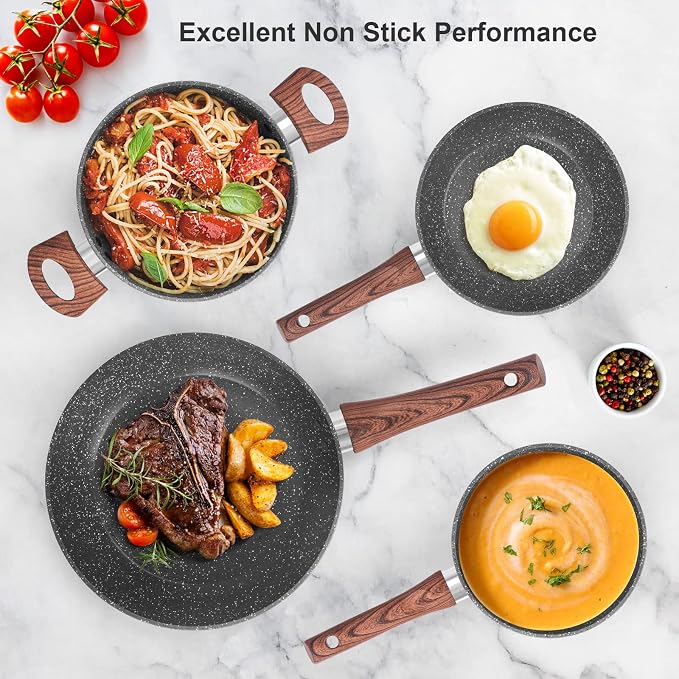 M MELENTA Granite Pots and Pans Set Non Stick, 11 Piece Die-Cast Induction - Image 7