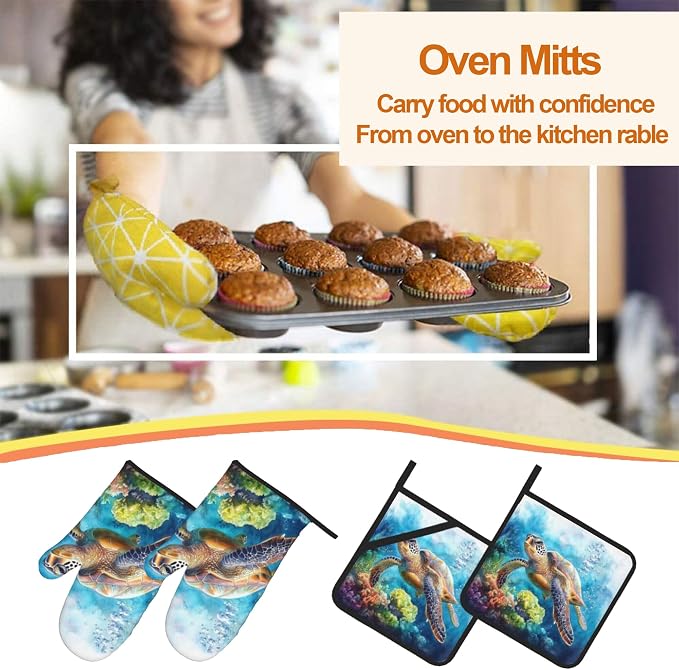 Ocean Turtle Pattern Oven Gloves and Hot Pads Set - Image 7