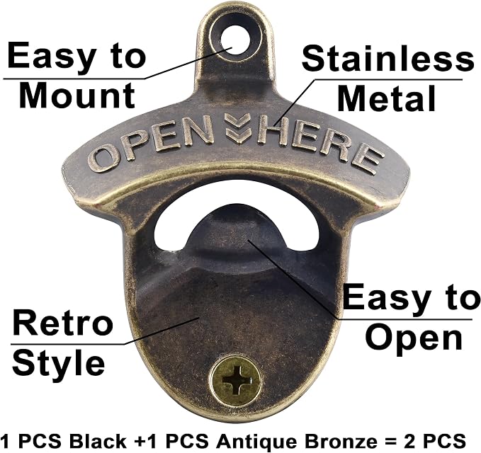 Black Bottle Opener Wall Mounted Rustproof, Vintage Screw in Wall Beer Cap - Image 2