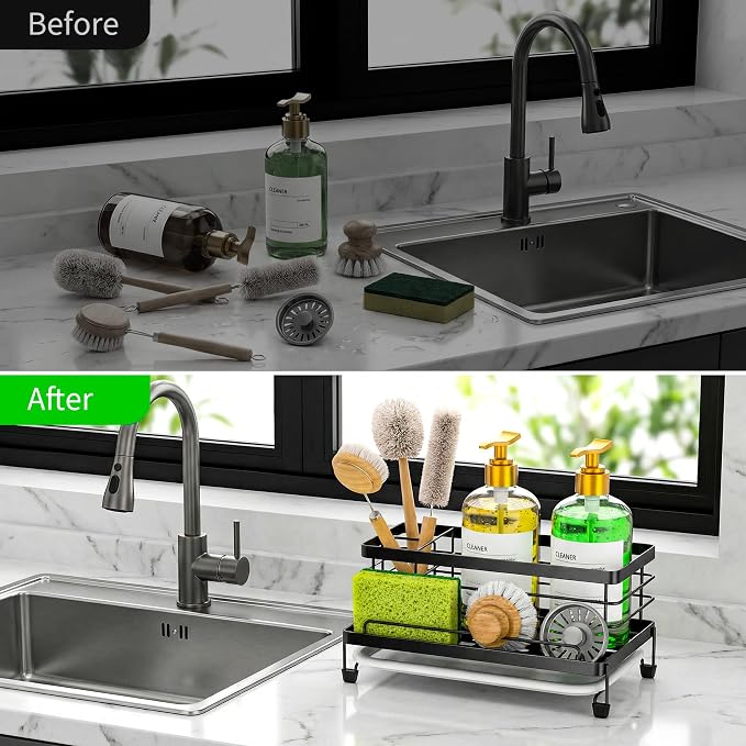 Cisily Black Sponge Holder for Kitchen, Sink Caddy Sink Organizer Rack for - Image 5