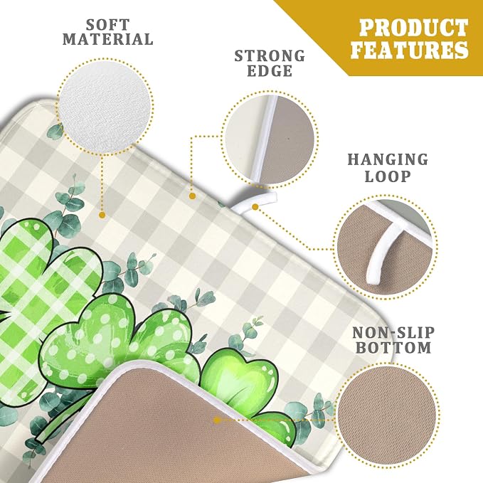 Giwawa Patrick Dish Drying Mat for Kitchen Green Clovers Grey Buffalo Plaids - Image 4