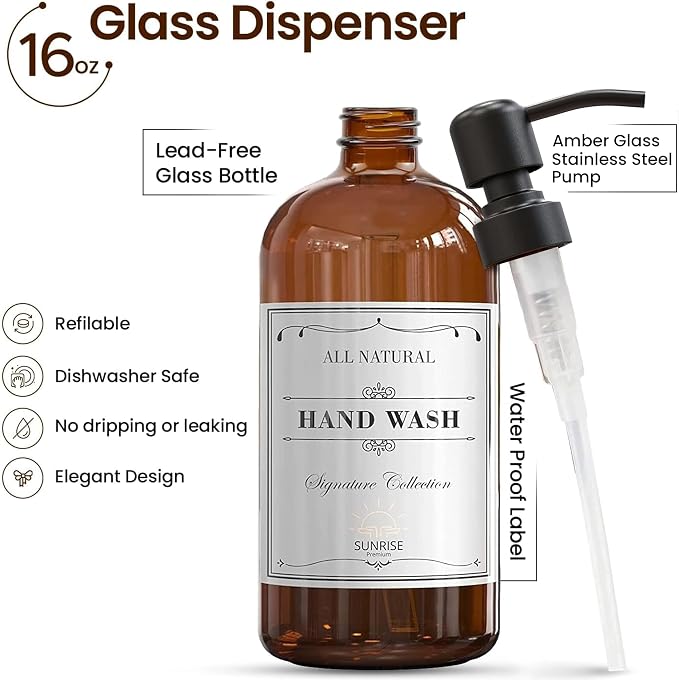 Sunrise Premium 4 Pack Amber Glass Soap Dispenser 16 OZ - Image 2