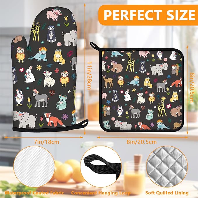 Cute Animals Oven Mitts and Pot Holders Sets 4Pcs, Extra Long Oven Gloves - Image 2