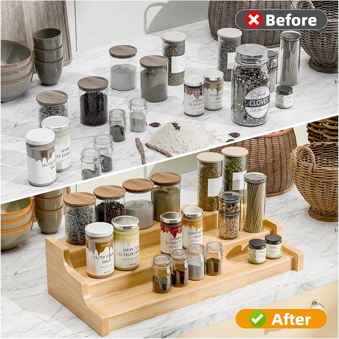 Simple Trending Spice Rack Kitchen Cabinet Organizer, 3 Tier Bamboo Expandable - Image 6