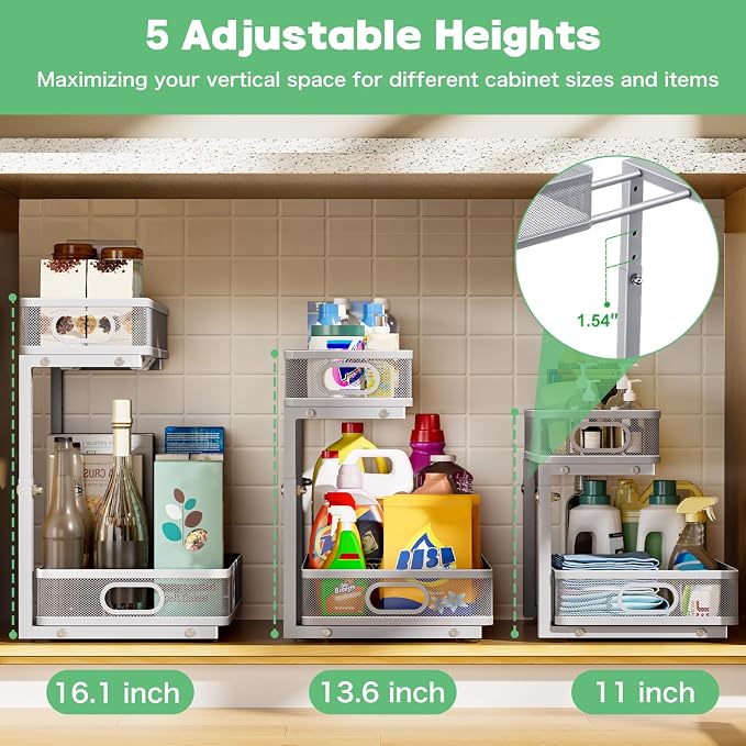 Under Sink Organizer 2 Pack, High Adjustable 2 Tier Under Sink Organizers and - Image 5