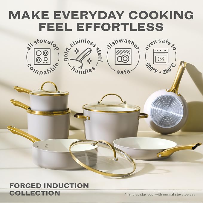 Farberware Forged Induction Ceramic Nonstick Cookware Set, Taupe Pots & Pans - Image 3