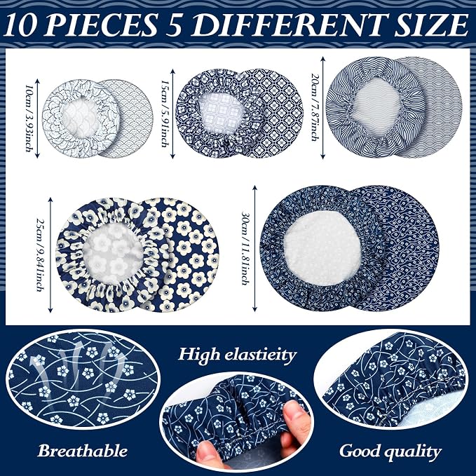Patelai 10 Pcs Bowl Covers Reusable in 5 Size Stretch Cloth Fabric Elastic Food - Image 2