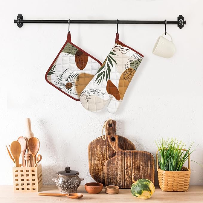 Boho Leaf Oven Mitts and Pot Holders Sets 2Pcs, 100% Cotton Heat Resistant - Image 5