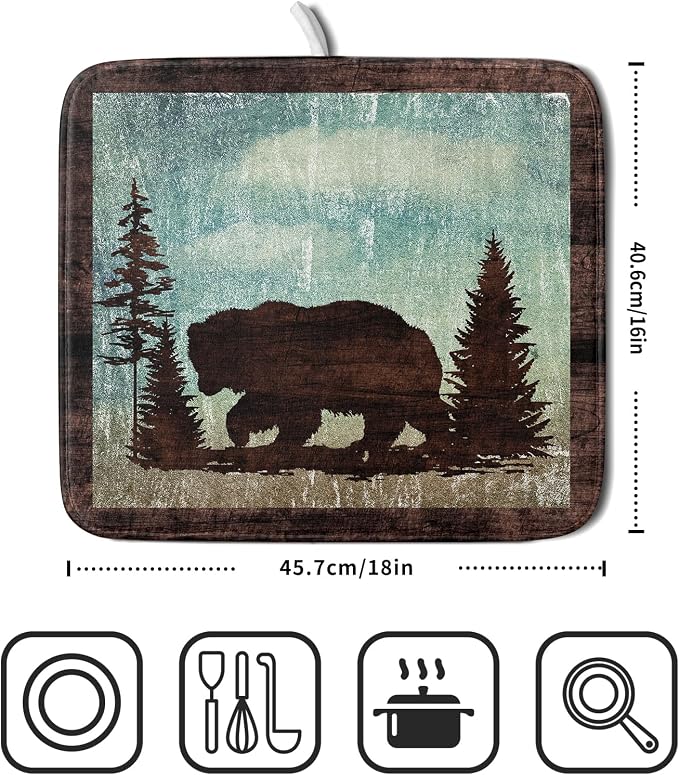 Giwawa Retro Brown Bear Forest Cabin Dish Drying Mat Countertop 16x18 Fall Blue - Image 2