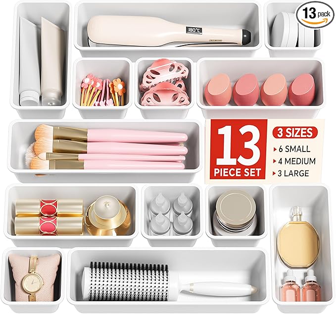 Canfanni 13 Pack Plastic Drawer Organizers Set, 3 Sizes Desk Drawer Organizer by Canfanni