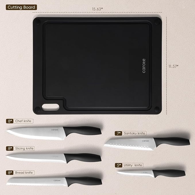 CAROTE Knife Set, Rustproof Stainless Steel 5 Kitchen Knife Set, Plain Black - Image 2
