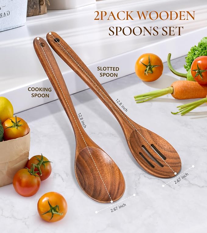 2Pcs Wooden Spoons for Cooking, Natural Premium Teak Wooden Spoon & Slotted - Image 3