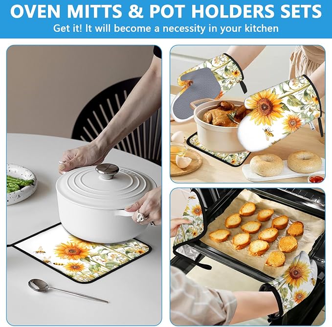 Watercolor Sunflower Oven Mitts and Pot Holders Sets Heat Resistant 4Pcs Busy - Image 6