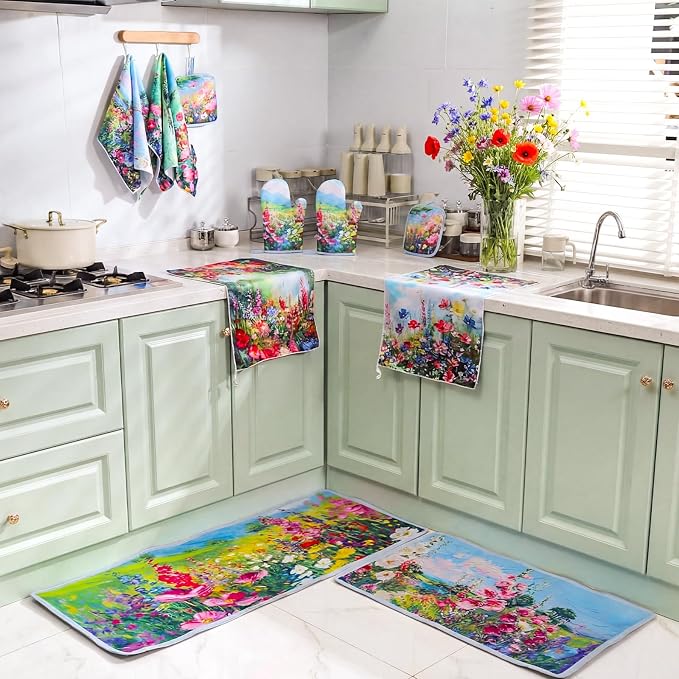 Fourluoo 10 Pcs Spring Kitchen Decor Sets Oil Painting Kitchen Towels Pot - Image 4