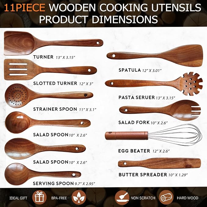 Wooden Spoons for Cooking 11 Pieces Set, High Quality Wooden Kitchen Utensil Set - Image 5