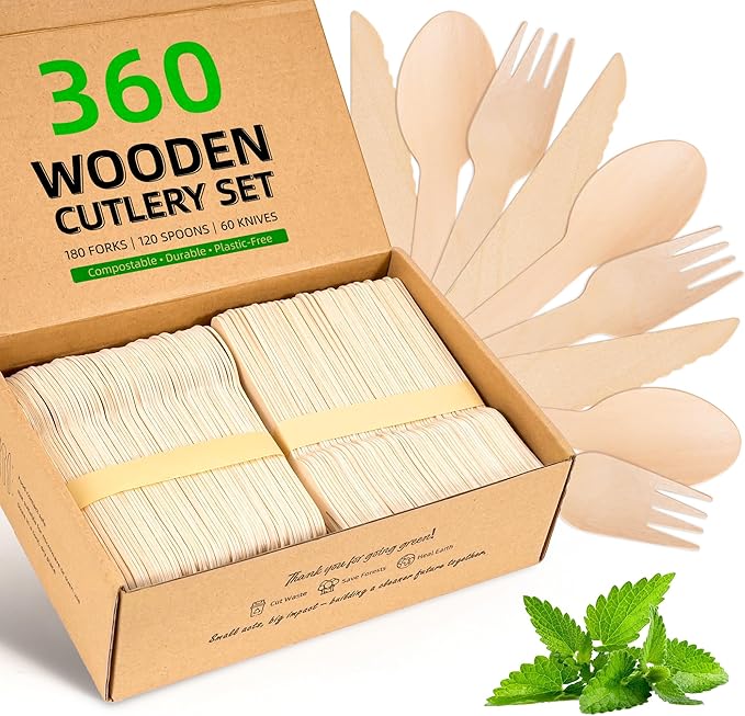 Disposable Wooden Utensils Set, Compostable Utensils, Disposable Cutlery by FEHHTOEco-friendlyLiving