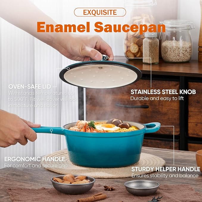 Homikit 3 Quart Saucepan with Lid, Enameled Cast Iron Saucepan - Image 3